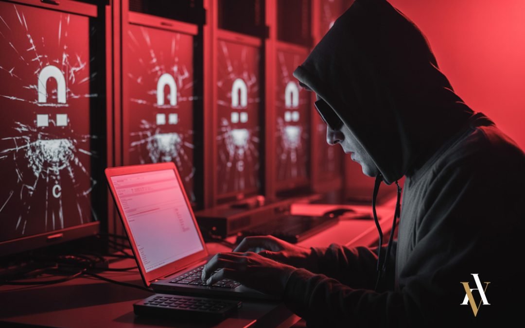 Persona encapuchada cometiendo delitos informáticos en un centro de datos, representando los ciberdelitos más graves como el acceso ilícito a sistemas y los daños informáticos en España.