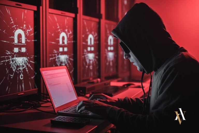 Persona encapuchada cometiendo delitos informáticos en un centro de datos, representando los ciberdelitos más graves como el acceso ilícito a sistemas y los daños informáticos en España.