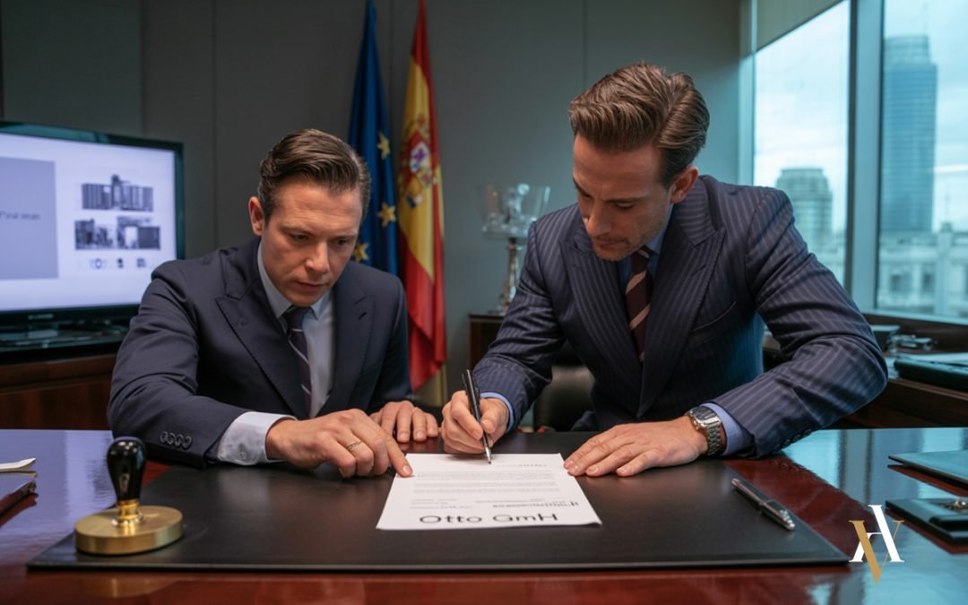 Captura el momento de creación del documento mercantil simulado, posiblemente un contrato o acuerdo fraudulento. La presencia de banderas oficiales, el logotipo “Otto GmbH” y el entorno corporativo proyectan perfectamente el engaño con apariencia de legalidad. Ideal para visualizar la fase ejecutiva del delito.