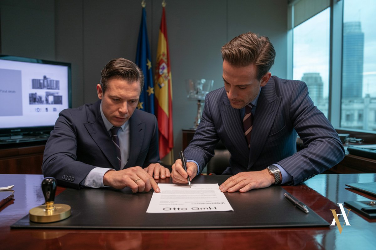 Captura el momento de creación del documento mercantil simulado, posiblemente un contrato o acuerdo fraudulento. La presencia de banderas oficiales, el logotipo “Otto GmbH” y el entorno corporativo proyectan perfectamente el engaño con apariencia de legalidad. Ideal para visualizar la fase ejecutiva del delito.