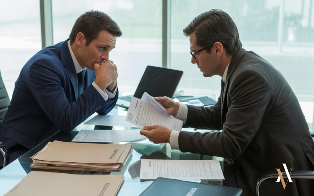 Empresario preocupado consulta con su abogado penalista durante una investigación tributaria. Ambos revisan documentación fiscal en un despacho moderno, con carpetas rotuladas como “Inspección” y “Propuesta de liquidación”. Imagen profesional de defensa en fase de inspección. Investigación delito contra la hacienda pública
