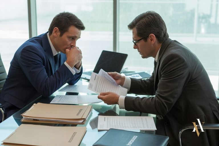 Empresario preocupado consulta con su abogado penalista durante una investigación tributaria. Ambos revisan documentación fiscal en un despacho moderno, con carpetas rotuladas como “Inspección” y “Propuesta de liquidación”. Imagen profesional de defensa en fase de inspección. Investigación delito contra la hacienda pública