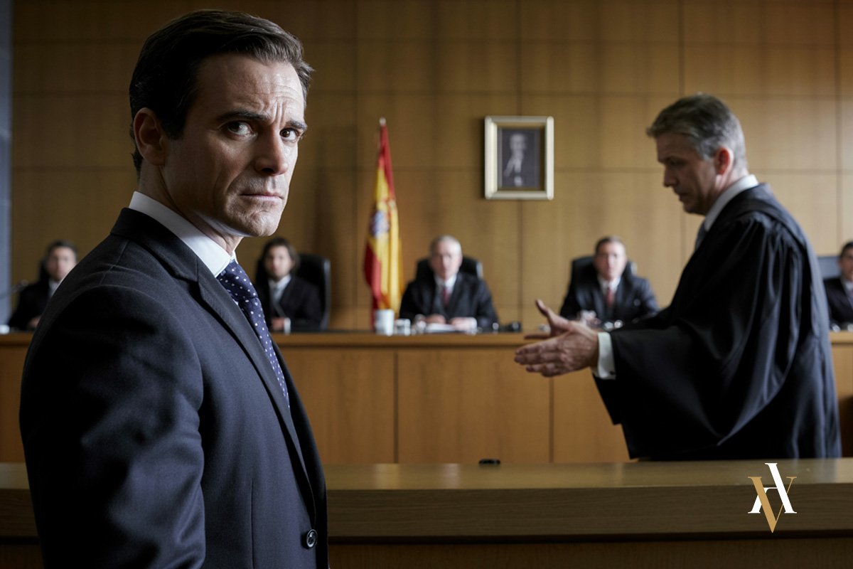 Hombre en traje, acusado por delito fiscal, mira con preocupación en una sala de juicio en España. Al fondo, su abogado defensor argumenta ante un tribunal compuesto por varios jueces y presidido por la bandera española. Escena realista y solemne de juicio penal económico.