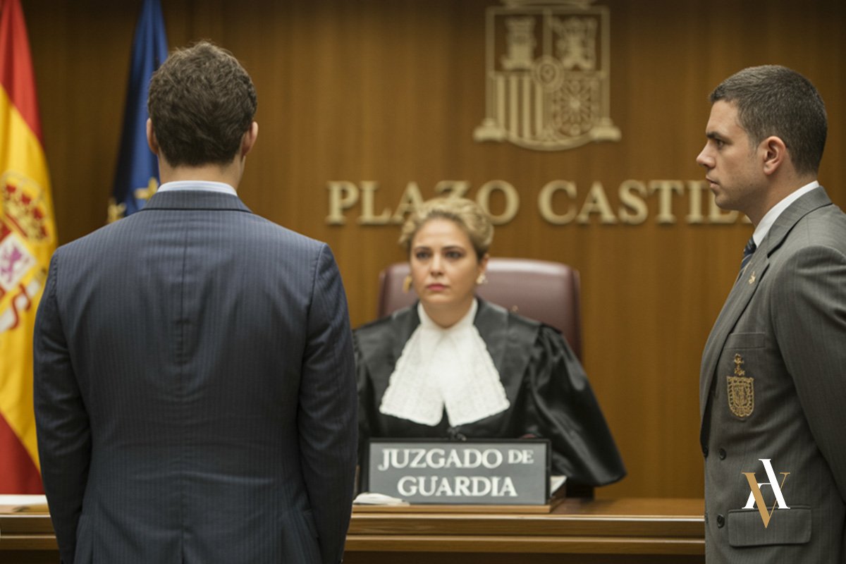 Abogado penalista 24 horas junto a su cliente en el Juzgado de Guardia de Plaza Castilla, Madrid, durante una comparecencia judicial por detención. Defensa penal especializada en el Juzgado de Guardia de Madrid. Nuestro abogado penalista 24 horas asiste a detenidos desde el primer momento, incluso en comparecencias por prisión provisional.