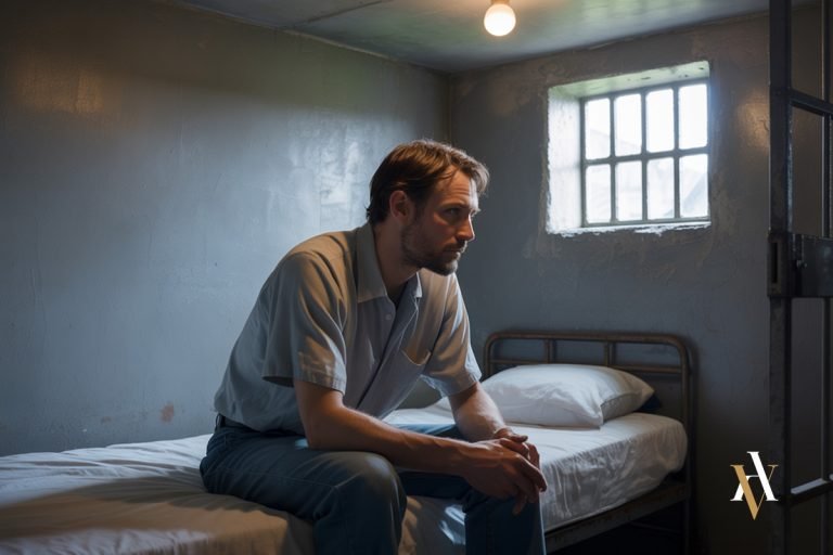 Hombre pensativo sentado en la cama de una celda de prisión provisional, bajo una tenue luz, reflejando incertidumbre porque no sabe su recurrir el auto de prisión provisional o no