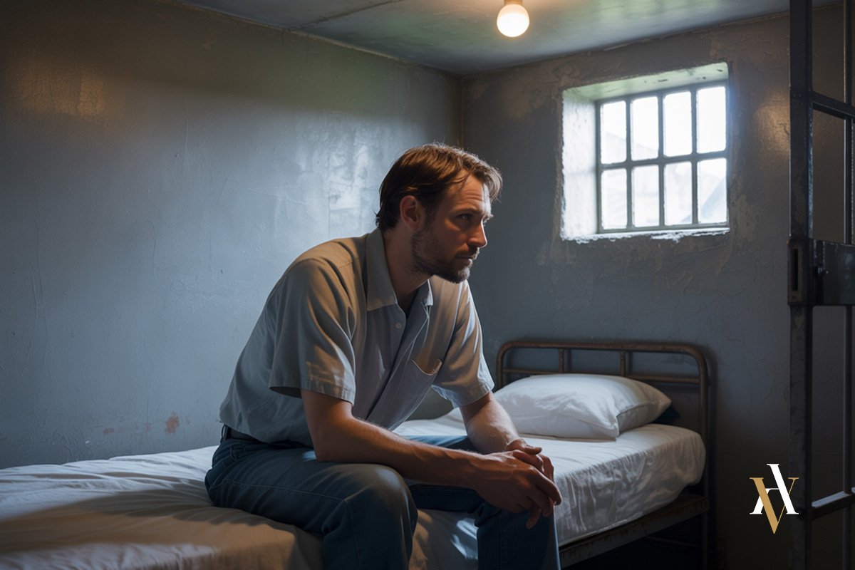 Hombre pensativo sentado en la cama de una celda de prisión provisional, bajo una tenue luz, reflejando incertidumbre porque no sabe su recurrir el auto de prisión provisional o no