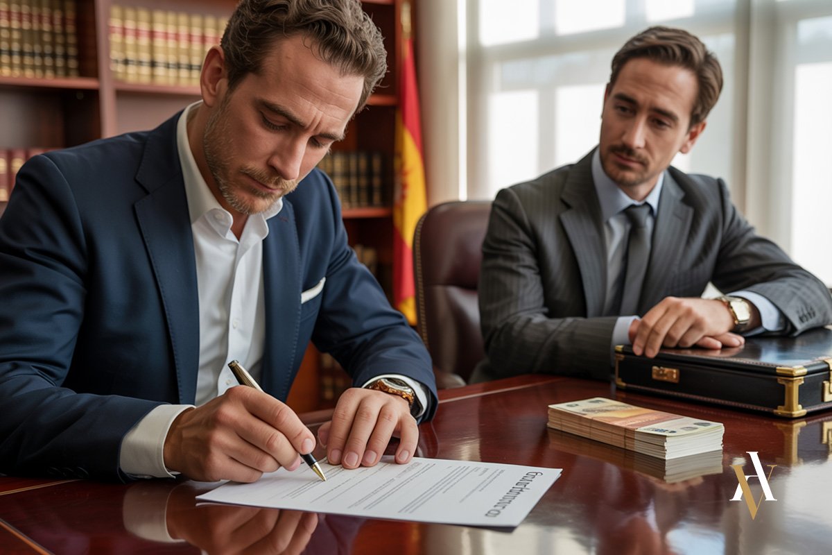 Abogado experto apropiacion indebida Dos hombres firmando un contrato de compraventa con dinero sobre la mesa, ejemplo de cuándo no se puede hablar de apropiarse indebidamente.
