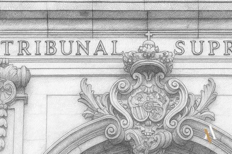 Ilustración en blanco y negro del Tribunal Supremo de España, símbolo de autoridad jurídica en materia de interés casacional.