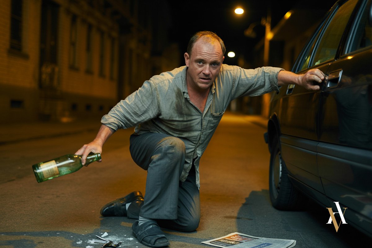 Hombre borracho cometiendo un delito Hombre de mediana edad, visiblemente ebrio, arrodillado junto a un coche en plena calle durante la noche. Sostiene una botella vacía con una mano mientras intenta abrir la puerta del vehículo con la otra. En el suelo hay una llave rota, restos de cristal y un periódico. Su expresión mezcla confusión, ansiedad y nerviosismo, en un entorno oscuro iluminado por farolas. Actuando bajo la eximente de intoxicación etílica