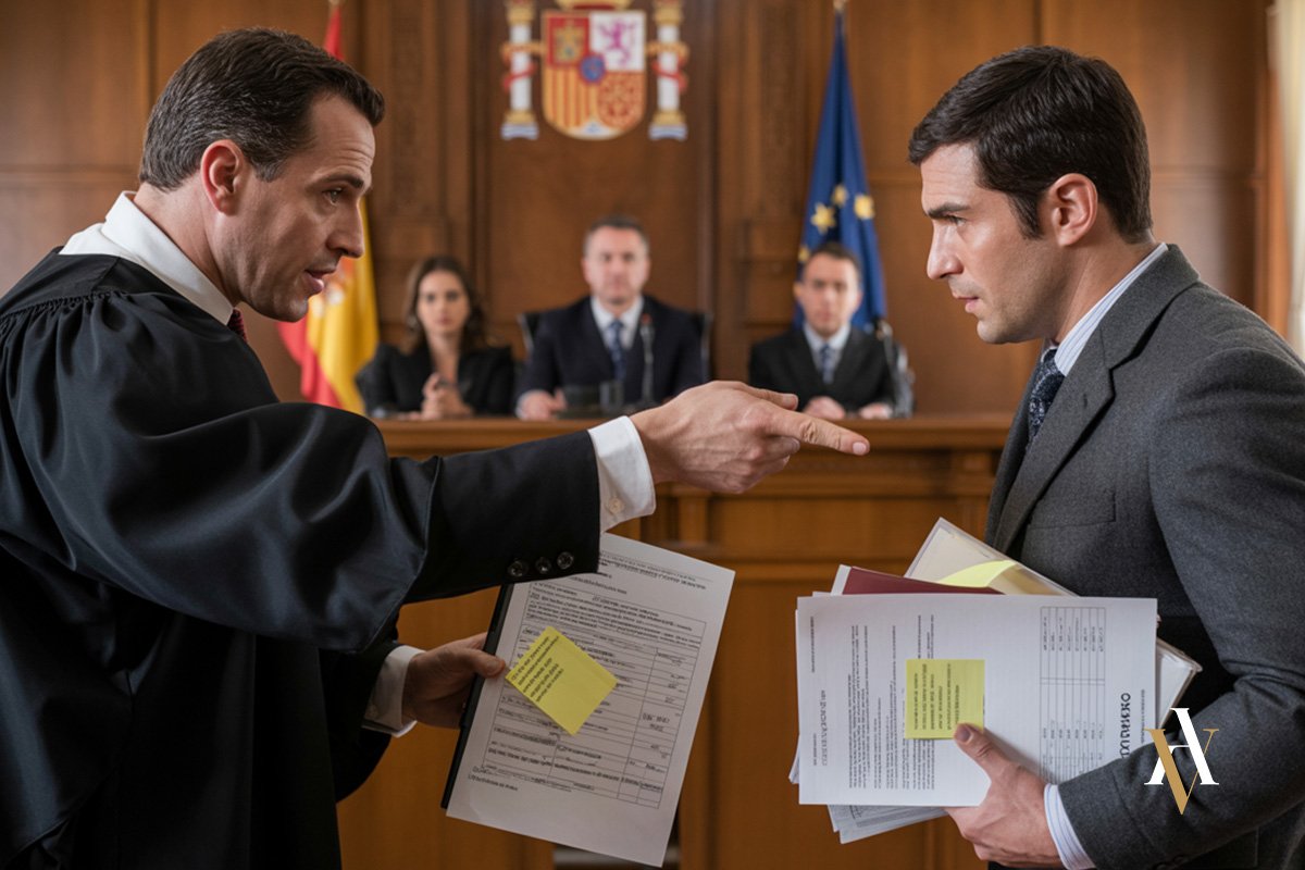 Refleja el momento de tensión entre el abogado defensor penalista y el acusado en pleno juicio oral, con documentos posiblemente falsificados (de apariencia mercantil o empresarial) y con el tribunal al fondo. Perfecta para ilustrar una entrada de blog sobre el desarrollo de un juicio penal por falsedad en documento mercantil.