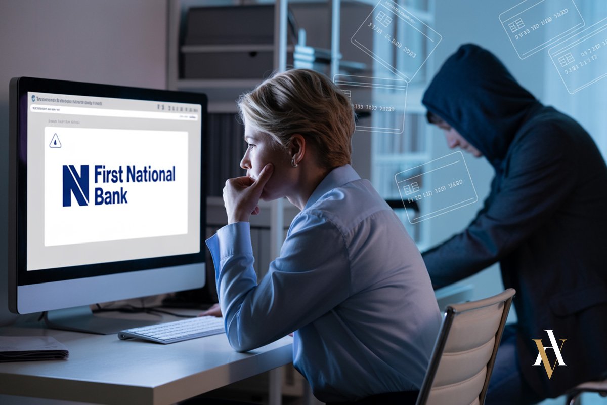 Mujer víctima de phishing, uno de los delitos informáticos más comunes en España. Representación de ciberdelitos financieros y fraudes digitales.