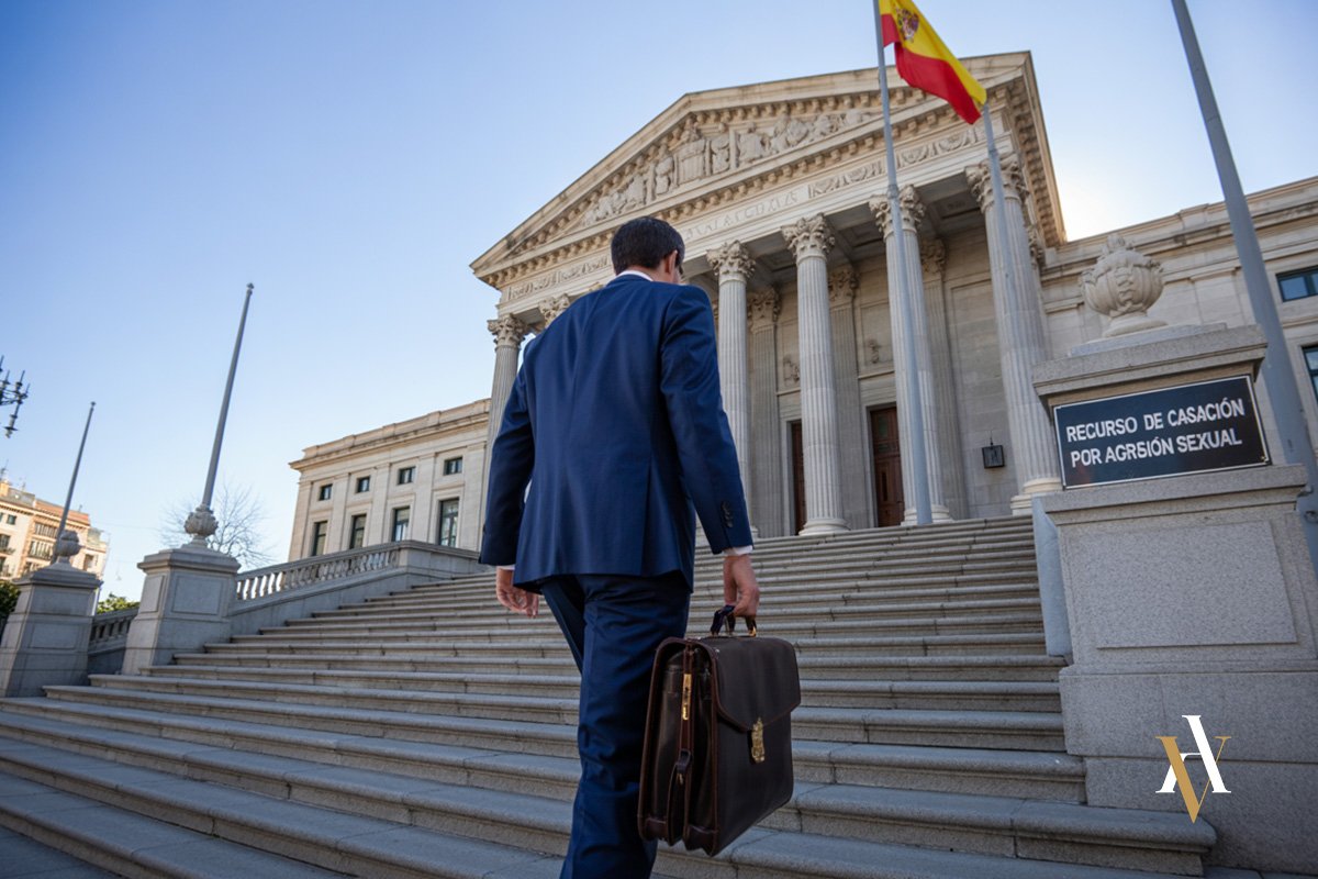 Abogado subiendo las escaleras del Tribunal Supremo en Madrid con un recurso de casación por agresión sexual.