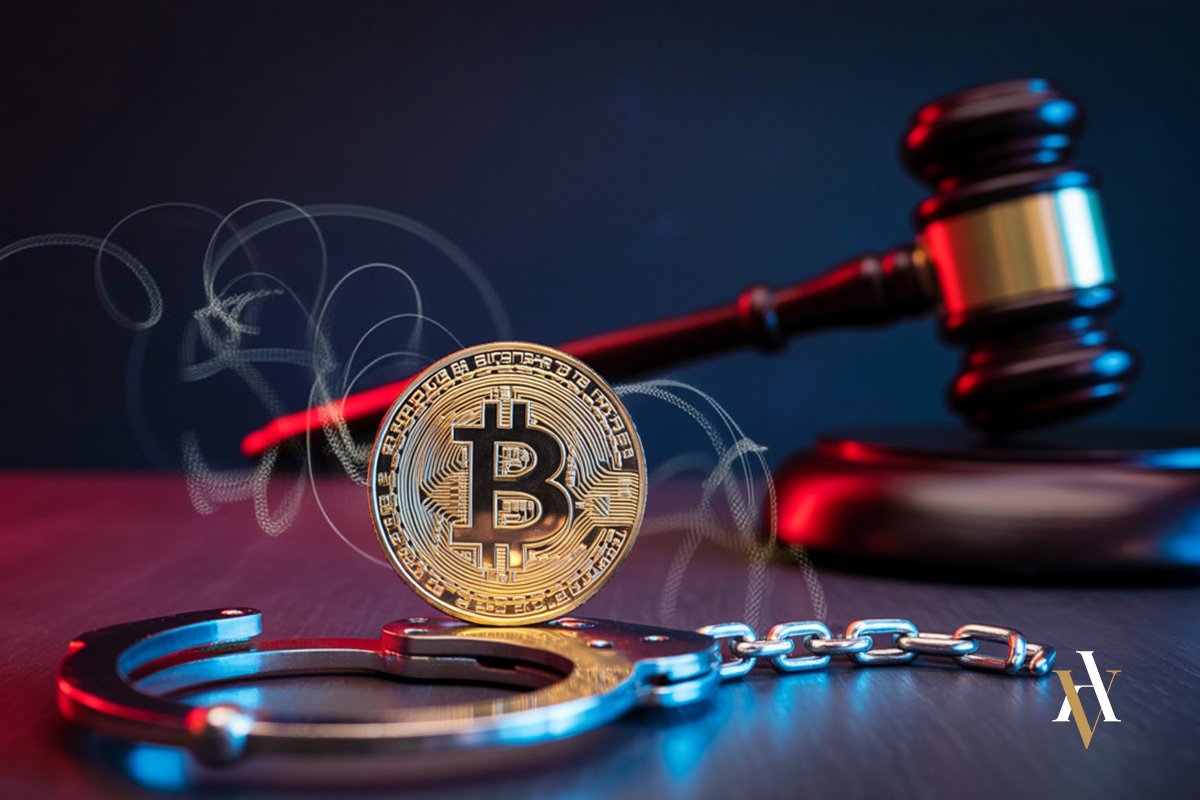 Representación legal de un acusado por estafa crypto: moneda Bitcoin, martillo judicial y esposas como símbolo de defensa penal en delitos tecnológicos.