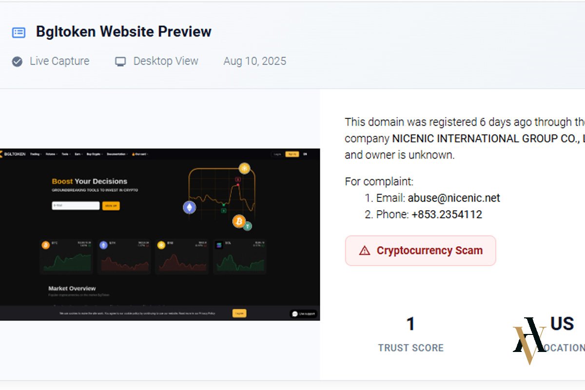 BGLToken aparece con un trsut score de 1, con posibilidad de ser un cryptocurrencyscam o es lo mismo estafa de crypto