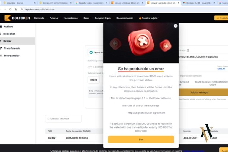 BGLToken.com bloquea los fondos tras la quinta retirada solicitando más dinero. Esto podría ser constitutivo de estafa. Abogados estafa BGLToken