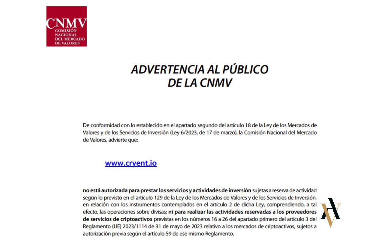 Documento oficial de la CNMV advirtiendo que cryent.io no está autorizada para prestar servicios de inversión, indicios de presunta estafa con criptomonedas