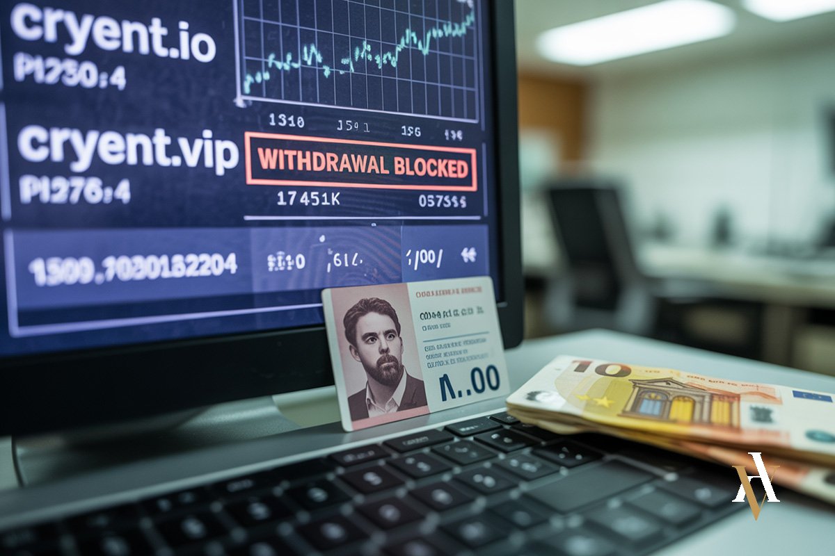 Interfaz de plataforma cryent.io y cryent.vip mostrando mensaje de retirada bloqueada, indicios de presunta estafa de criptomonedas investigada por abogado penalista