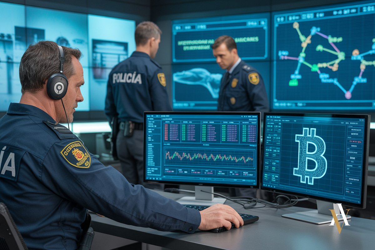 Unidad de delitos informaticos policia nacional Agentes de la Policía Nacional y Guardia Civil trabajando en un centro de control cibernético para investigar una estafa con criptomonedas, analizando movimientos en blockchain.