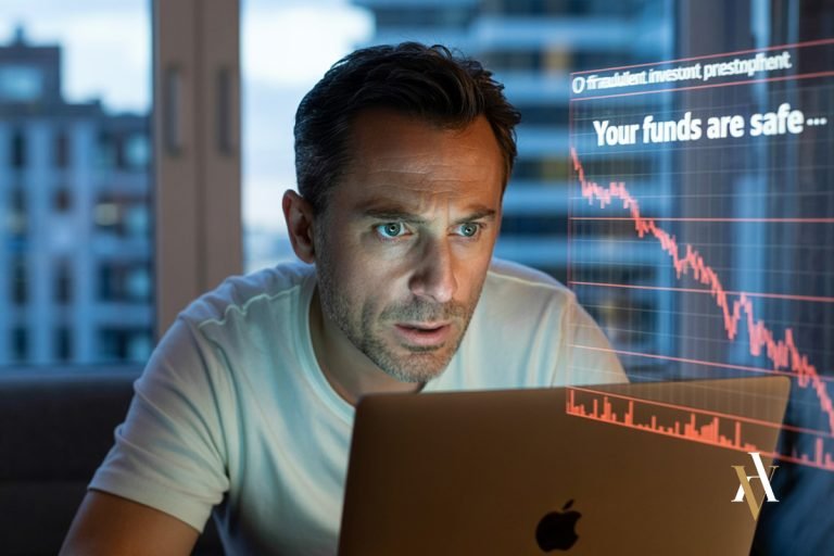Hombre de unos 40 años mirando su portátil con gesto de sorpresa mientras observa una caída brusca en el valor de su inversión, representando una estafa con criptomonedas en España.