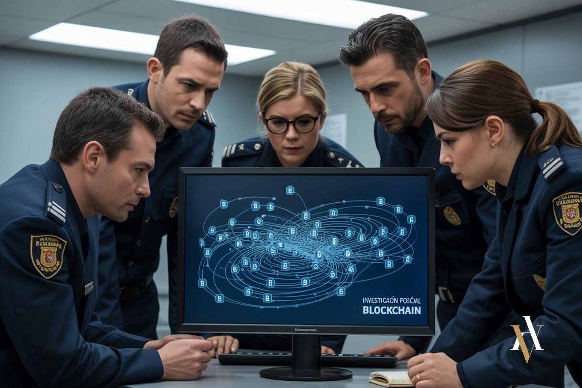Investigación policial blockchain Agentes de policía española investigando delitos con criptomonedas mediante análisis blockchain en un laboratorio especializado.