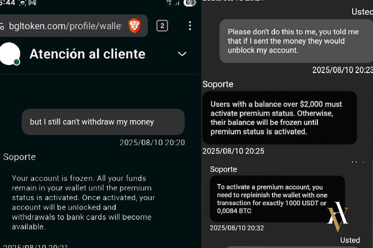 Conversación con atención al cliente de BGLToken.com donde dicen que tienes que pagar más para desbloquear dinero