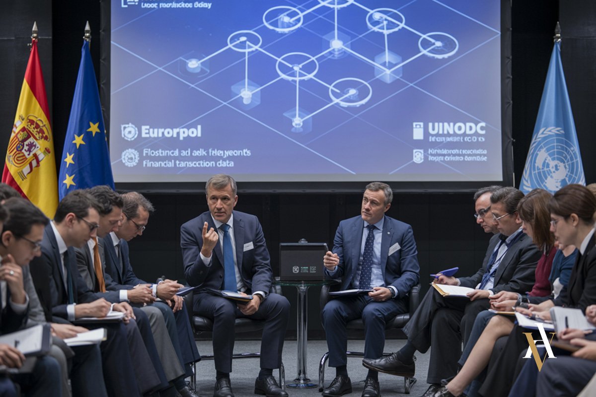 Reunión internacional con representantes de Europol, UNODC y autoridades españolas debatiendo sobre el papel de las criptomonedas en la ciberdelincuencia y la cooperación global.