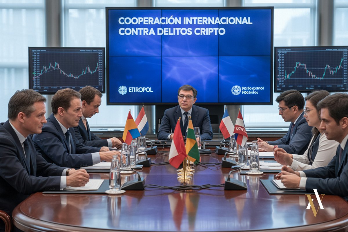 conferencia global en delitos financieros y cripto basilea Reunión internacional sobre investigaciones de delitos con criptomonedas, con representantes de varios países y Europol, analizando estrategias contra el blanqueo y fraude con criptoactivos.