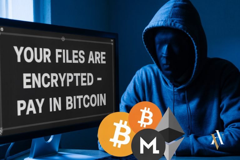 Hacker encapuchado frente a un ordenador que muestra un mensaje de ransomware exigiendo pago en Bitcoin, ilustrando el uso de las criptomonedas en la ciberdelincuencia.