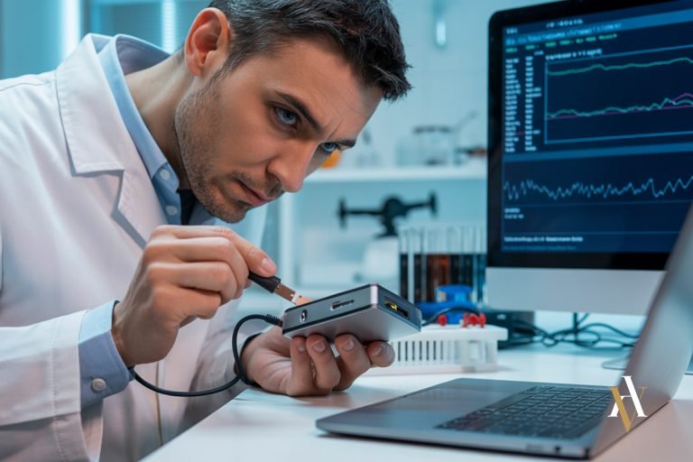 Perito informático realizando análisis forense de un hardware wallet como parte de una investigación de delitos con criptomonedas, con gráficos de blockchain en pantalla.