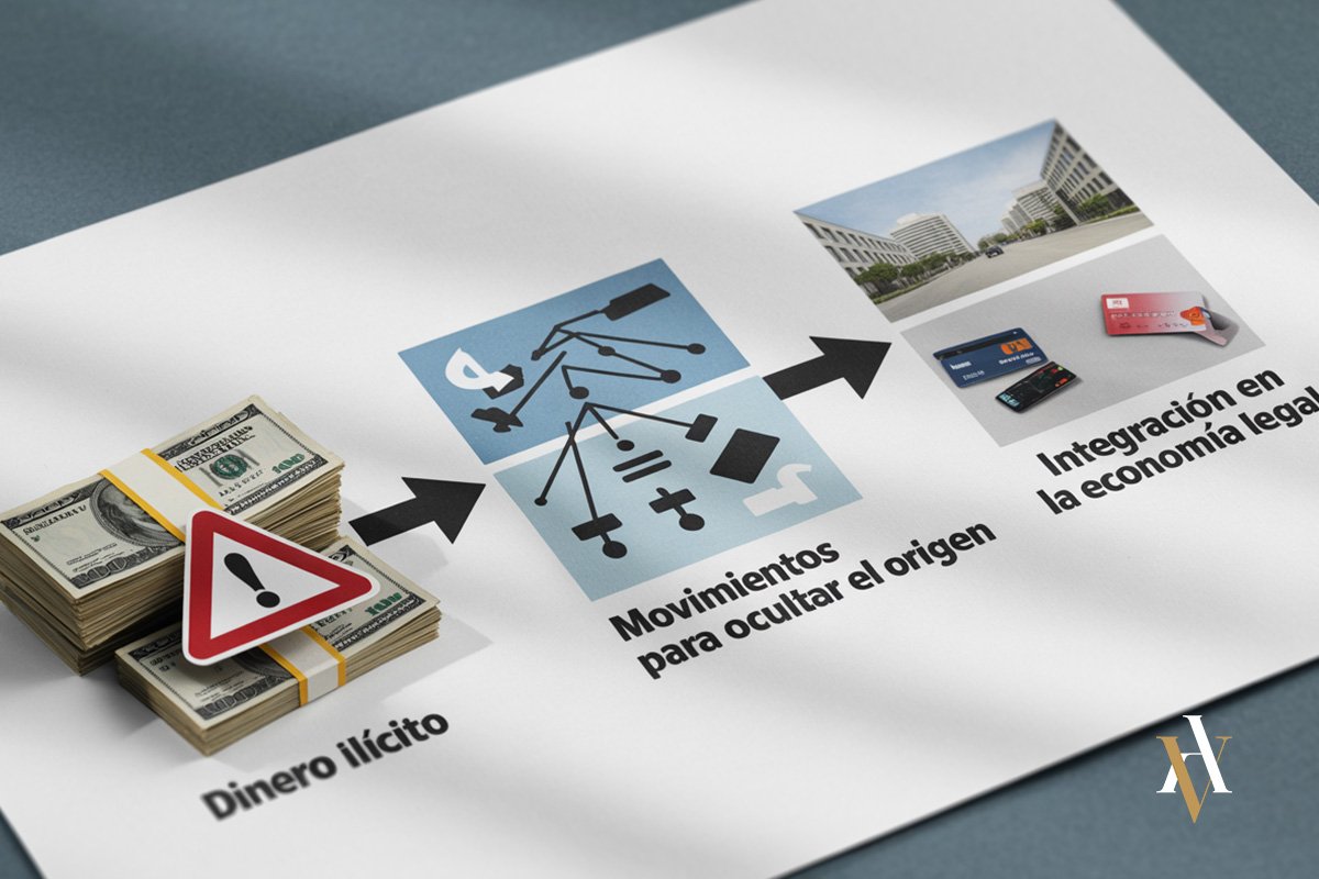 "Gráfico ilustrativo sobre blanqueo de capitales, mostrando el flujo de dinero ilícito y las fases de ocultación e integración, relevante para entender el blanqueo por imprudencia."