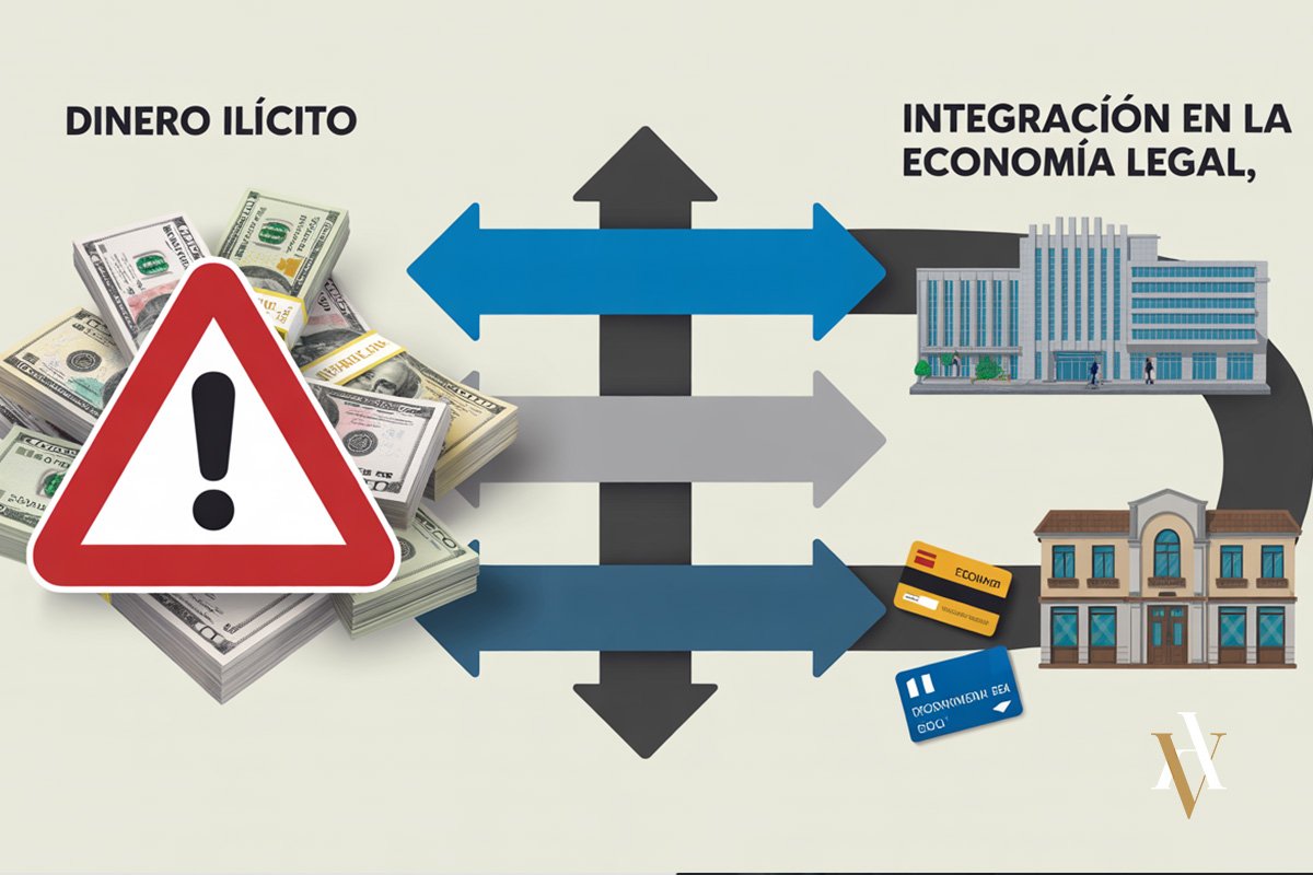 %22Infografía clara del proceso de blanqueo de capitales: dinero ilícito, movimientos para ocultar el origen e integración en la economía legal, aplicada a casos de blanqueo de capitales imprudente.%22