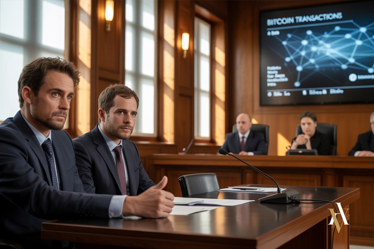 Abogado experto en criptomonedas Abogados defensores y jueces en una sala de vistas durante un juicio por estafa con criptomonedas, con pruebas de transacciones en Bitcoin proyectadas en pantalla.