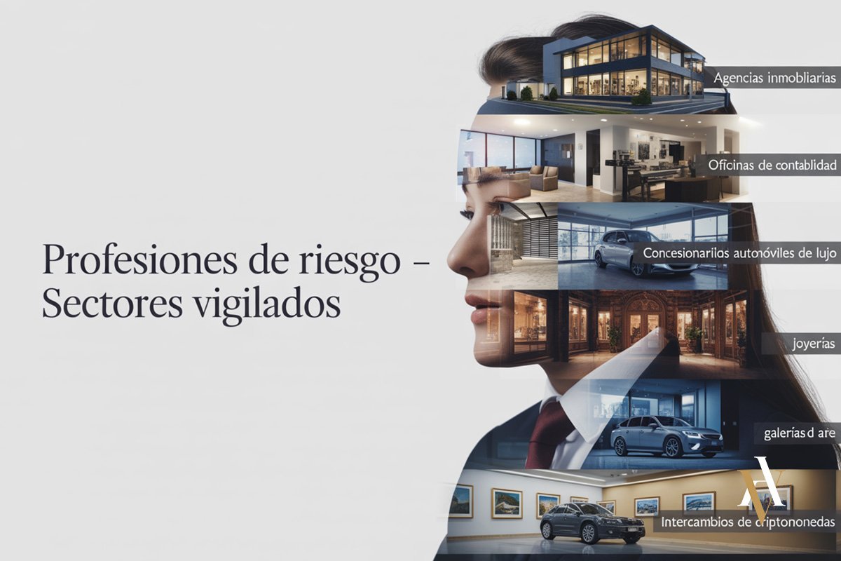 %22Imagen conceptual de profesiones de riesgo en blanqueo de capitales imprudente: inmobiliarias, contabilidad, concesionarios, joyerías, arte y criptoactivos, vigiladas por la ley.%22