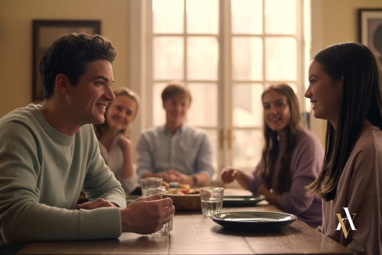 Escena familiar donde un joven y una menor mantienen una relación conocida y aceptada por el entorno, reflejando un contexto de error sobre la edad.