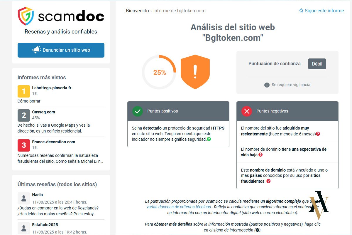 Plataformas como scamdoc o gridinsoft dicen que BGLToken.com es estafa