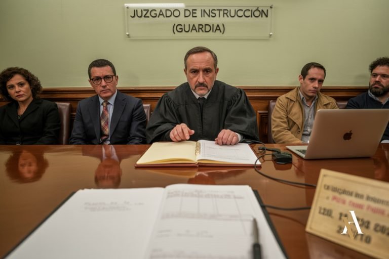 “Comparecencia de habeas corpus en el Juzgado de Instrucción (guardia): el juez con toga preside; a su lado, letrados y partes. Sobre la mesa, expediente y libro de custodia abiertos; cartel ‘JUZGADO DE INSTRUCCIÓN (GUARDIA)’. ”