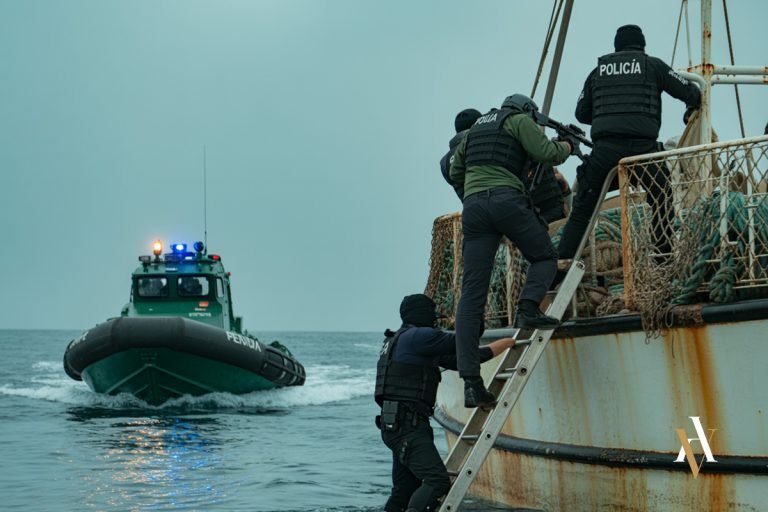 Operación policial española en alta mar: agentes de la Guardia Civil y Policía Nacional abordan una embarcación sospechosa desde un patrullero. La escena ilustra la jurisdicción española en casos de tráfico de drogas cometidos fuera del territorio nacional.