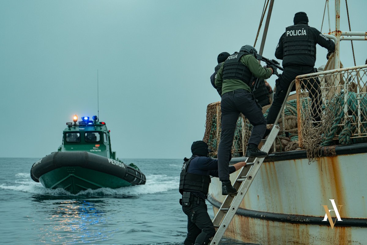 Operación policial española en alta mar: agentes de la Guardia Civil y Policía Nacional abordan una embarcación sospechosa desde un patrullero. La escena ilustra la jurisdicción española en casos de tráfico de drogas cometidos fuera del territorio nacional.