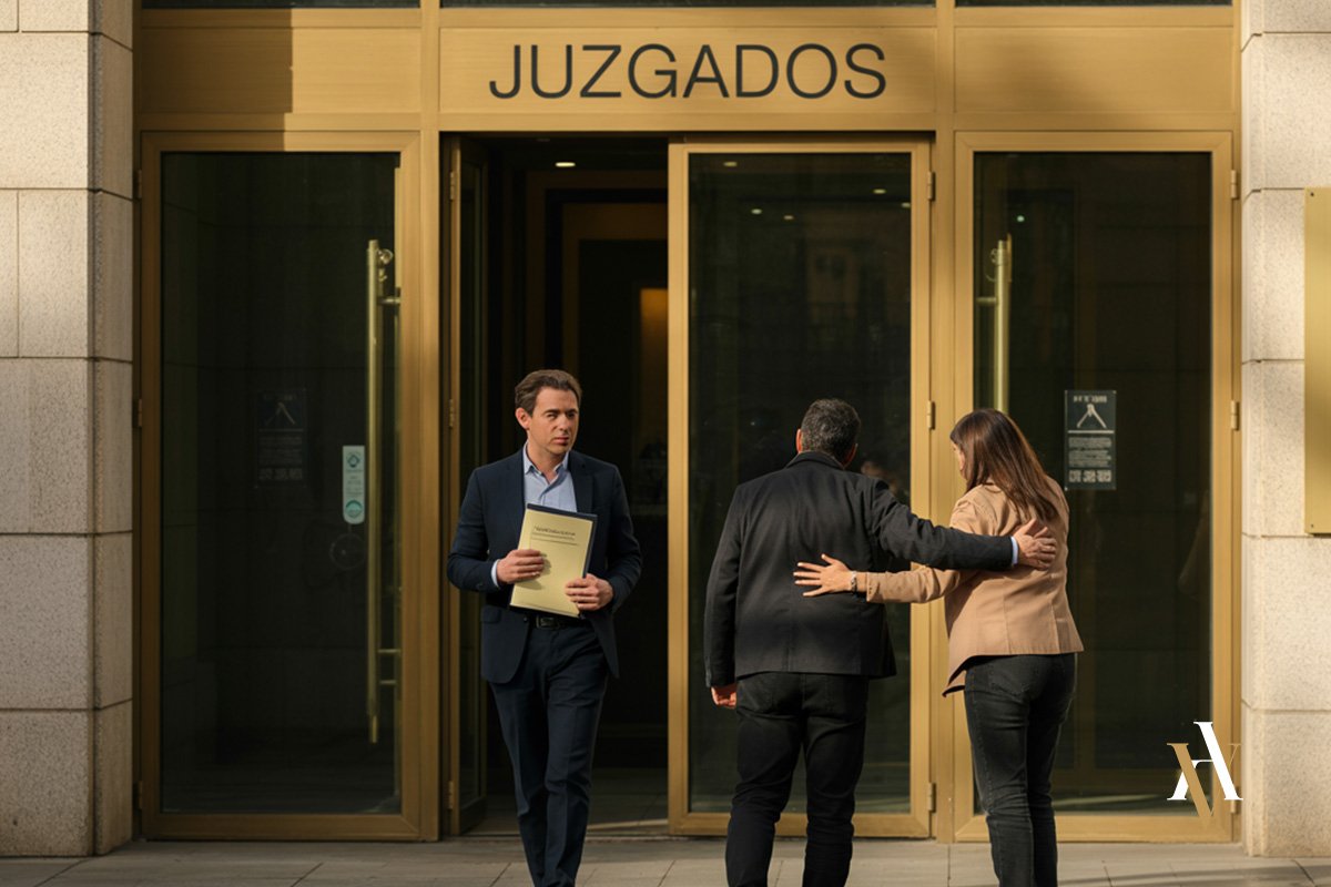 “Exterior de los JUZGADOS: rótulo ‘JUZGADOS’ y placa ‘LIBERTAD INMEDIATA’. Un abogado con carpeta camina mientras una mujer acompaña a un hombre recién puesto en libertad tras la comparecencia del habeas corpus; pavimento mojado con reflejos.”
