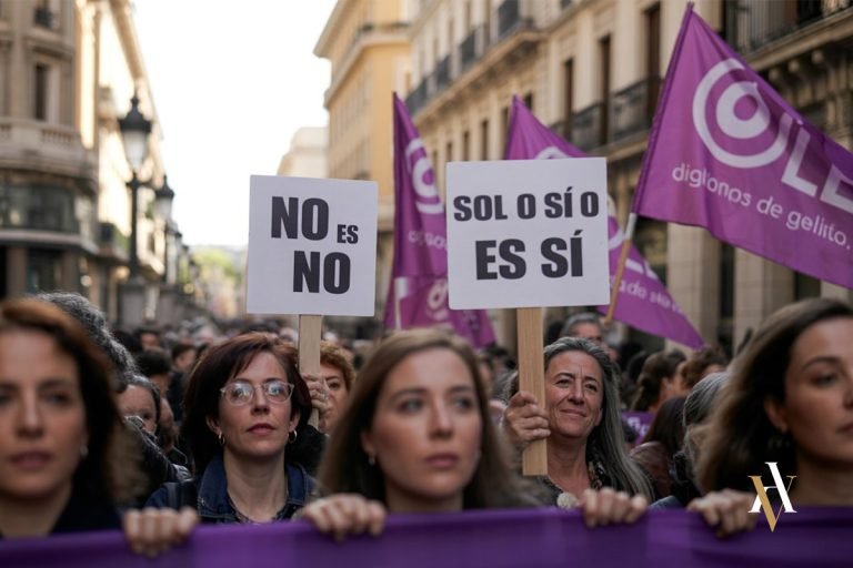 Manifestación con carteles ‘NO ES NO’ y ‘Solo sí es sí’; contexto social de los delitos sexuales y penas del Código Penal; asesoramiento de abogado penalista.”