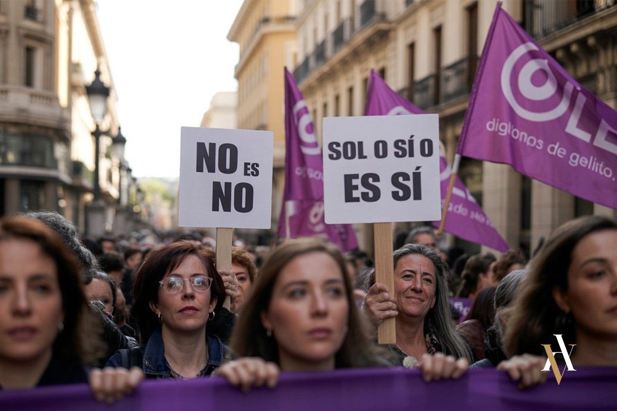 Manifestación con carteles ‘NO ES NO’ y ‘Solo sí es sí’; contexto social de los delitos sexuales y penas del Código Penal; asesoramiento de abogado penalista.”