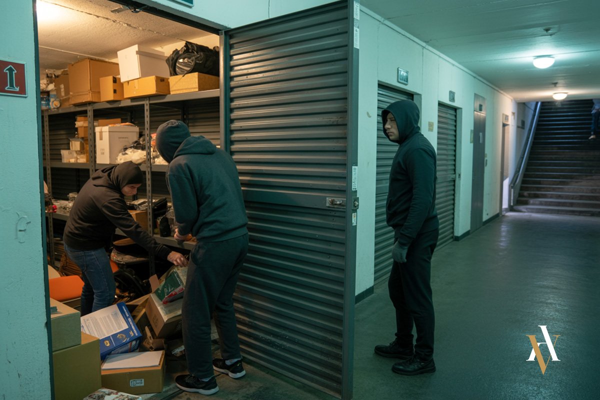 Dos ladrones con sudaderas oscuras sustrayendo objetos de un trastero comunitario comunicado con viviendas, considerado robo con fuerza en casa habitada.