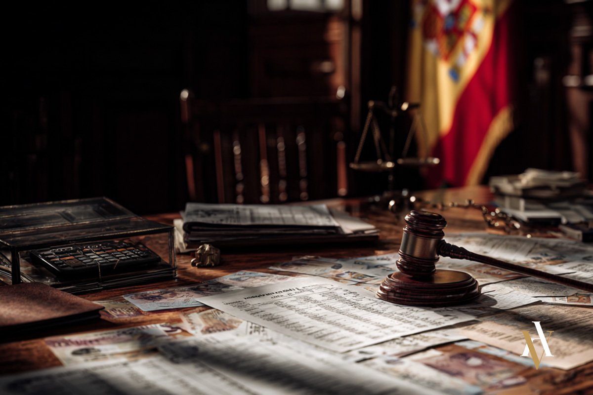 Mesa de tribunal con mazo, papeles contables y bandera de España al fondo, simbolizando un juicio por delito fiscal y blanqueo de capitales, con especial referencia a la cuota tributaria y la intervención de Hacienda.