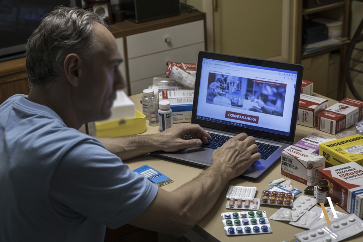 Personas comprando medicinas sin receta medica Hombre adulto operando una web de venta ilegal de fármacos desde su casa, con medicamentos sin autorización sanitaria sobre la mesa. Tráfico de medicamentos sin licencia como delito contra la salud pública.
