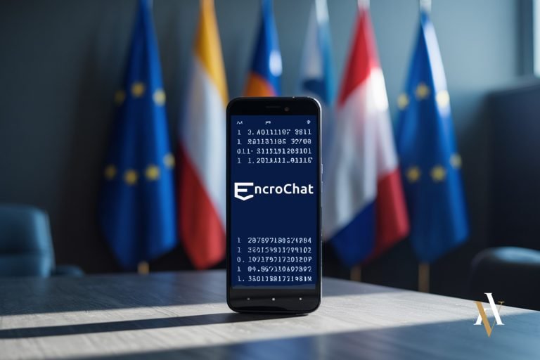 Teléfono móvil con el logo de EncroChat sobre una mesa institucional, rodeado de banderas de la Unión Europea. Representación visual del debate jurídico sobre la cooperación judicial europea y el control de las comunicaciones intervenidas.