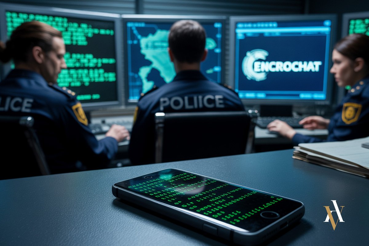 Agentes de policía analizando datos encriptados en una sala de operaciones, con pantallas mostrando el logo de EncroChat. Imagen que ilustra la dimensión internacional y policial del caso EncroChat y su impacto en el proceso penal español.