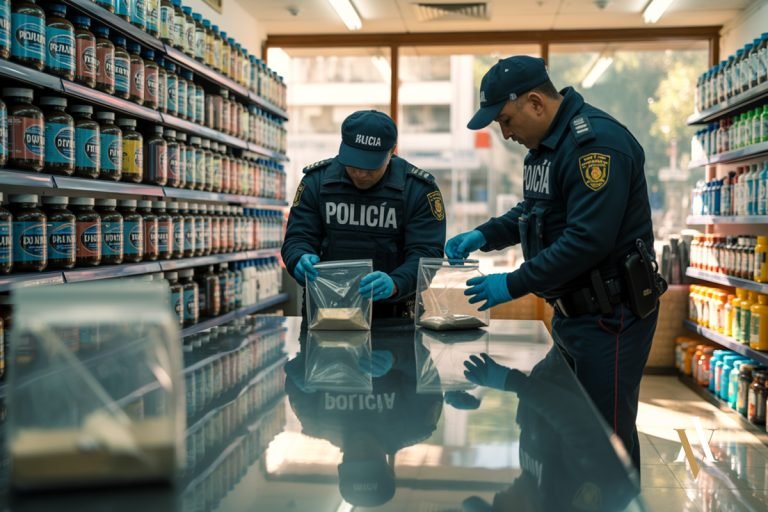 gentes de policía registran una tienda de suplementos deportivos sospechosa de camuflar anabolizantes ilegales, durante una investigación por delito de dopaje y delitos contra la salud pública.