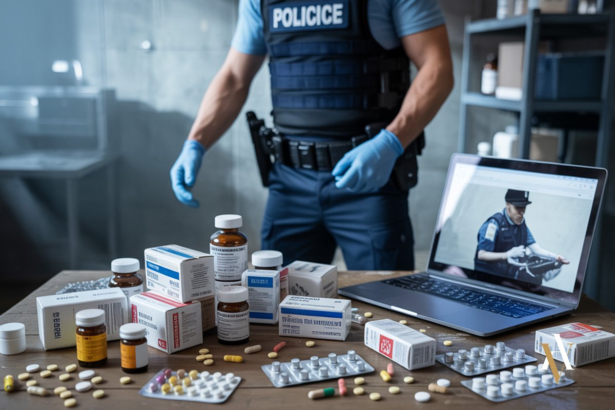 Policia incautando medicamentos sin licencia Agente de policía interviene medicamentos sin autorización durante registro en caso de tráfico de medicamentos sin licencia. Venta de fármacos ilegal como delito contra la salud pública.