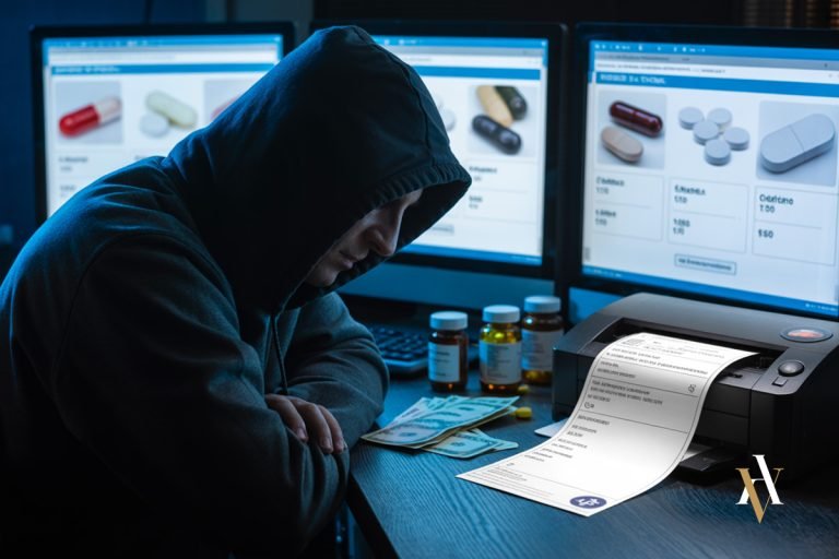 Venta online de medicamentos falsificados y recetas sin control médico, ejemplo de delito penal por tráfico de medicamentos sin licencia y distribución digital ilegal de fármacos.