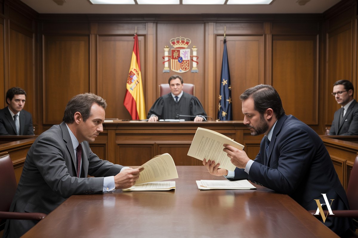 Escena realista de un juicio penal en España con juez, abogados y acusado, representando un caso de homicidio imprudente en sede judicial.